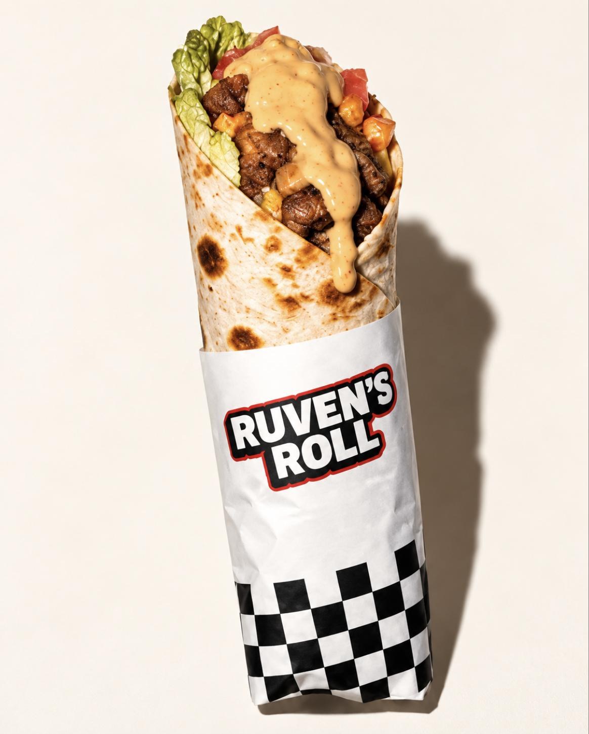 A loaded grilled tortilla roll with fresh vegetables and orange sauce in Ruven’s Roll wrapping