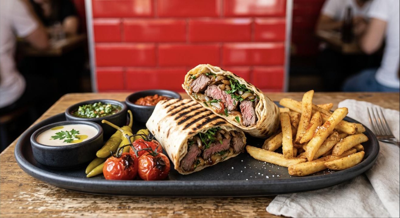 Grilled meat tortilla served with fries, sauces, peppers, and tomatoes